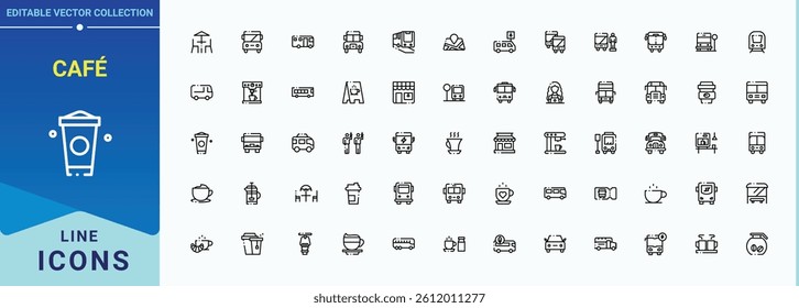 Café icon set. It contains symbols to drink, tea, breakfast, menu, shop, restaurant, beverage and more. Coffee Shop icon set. Minimalist editable vector stroke. Editable vector.