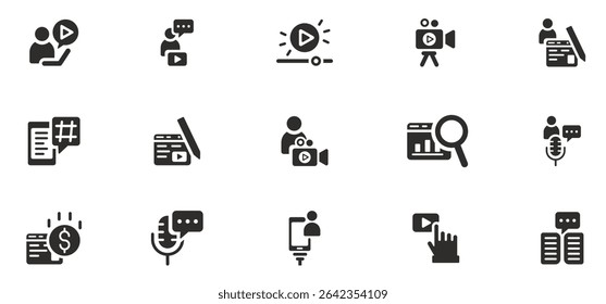 icon set for content creators, contains blogger, video editing, podcast, content strategy