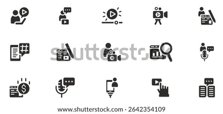 icon set for content creators, contains blogger, video editing, podcast, content strategy
