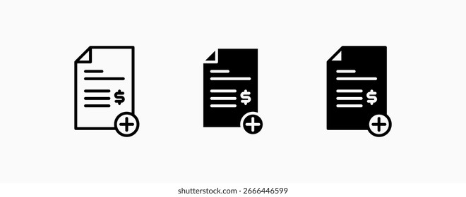 Adição ou adição de contrato do conjunto de ícones. Projeto de conceito financeiro e empresarial. Web e aplicativos de botão de interface do usuário.