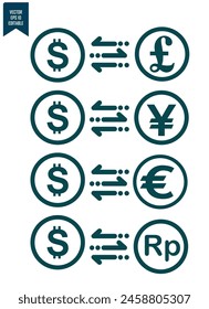 convertir moneda, dólar, centavo, libra esterlina, euro, rupia, diseño simple y editable, Vector eps 10.