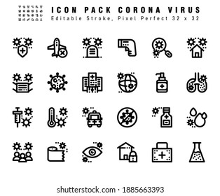 Icon Set of Corona Virus Vector Line Icons. Contains such Icons as Social Distance, COvid 19, medical, Virus etc. Editable Stroke. 32x32 Pixel Perfect