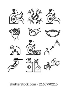 Icon Set corona19 Corona Pandemic health stay home masker wash, Editable stroke. Let's make your design easier