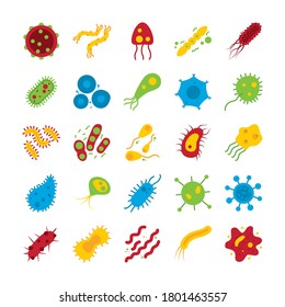 icon set of coronavirus and bacterias shapes over white background, flat style, vector illustration