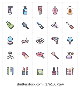 Icon set - Cosmetic and Beauty outline stroke with color vector illustration on white background