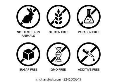 Icon set for cosmetic packages, Not tested on animals, gluten, additive free, sugar free, gmo free, paraben free signs