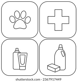 Juego de iconos cosméticos productos para mascotas medicina marca de símbolos categoría de panel para el interior del pedido de internet del sitio para la ilustración del vector del hogar