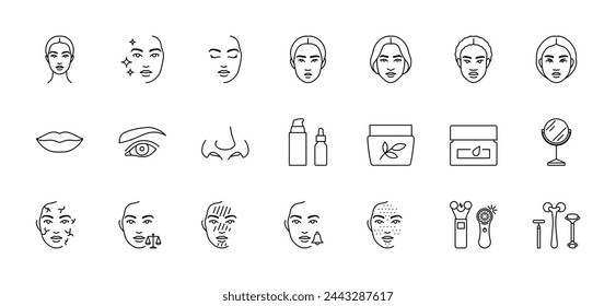 Icon set of cosmetology skin care related. Skin types skin, facial device, cosmetic products, microcurrent, massage rollers. Female face, cream, gel, serum. Minimalist icons, editable strokes, thin li