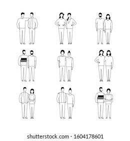 icon set of couple of people standing wearing casual clothes over white background, vector illustration