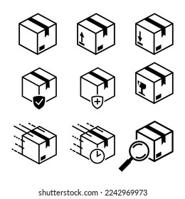 Symbolsatz aus Kurier, Paket, Post, Box, Postkarte, Umschlag, Paket, etc., Lieferkästen, Ladeschachelverteilung, Exportkästen, Rücksendung Paketsymbol Design Vektorgrafik.
