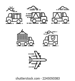 Symbolsatz aus Kurierdienst, Paket, Post, Box, Postkarte, Umschlag, Paket, etc., Lieferung mit Container, Flugzeug, Frachtkasten Verteilung, Exportkästen, Paketsymbol Design Vektorgrafik.
