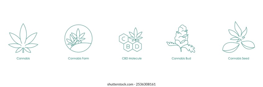 Conjunto de ícones que cobre produtos de cannabis e elementos de fazendas, incluindo moléculas de CBD, botões e ícones de sementes