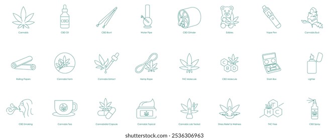 Icon-Set mit einer umfassenden Palette an Cannabis-Produkten, einschließlich Ölen, Raucherzubehör, Bauernhofartikeln und THC-freien Wellnesslösungen