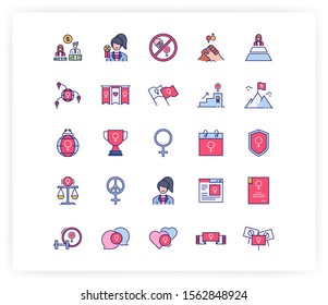 Icon set covering various topics related to feminism and gender equality problems in filled outline style.
