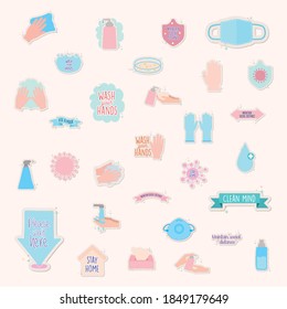 icon set of covid19 pandemic stickers with background pink vector illustration design