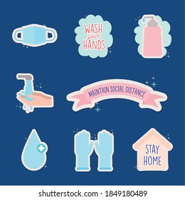 icon set of covid19 pandemic stickers vector illustration design
