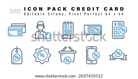 Icon Set of Credit Card Two Color Icons. Contains such Icons as Balloons Offer, Discount, Bargain, Basket Discount etc. Editable Stroke. 64 x 64 Pixel Perfect
