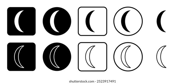 Conjunto de iconos de símbolo de media luna. Relleno, contorno, conjunto de iconos en blanco y negro, estilo plano.  Ilustración vectorial sobre fondo blanco