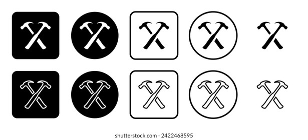 Icon set of crossed hammers symbol. Filled, outline, black and white icons set, flat style.  Vector illustration on white background