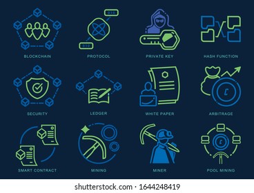 Icono conjunto de cripomoneda con tecnología de bloqueo ilustración vectorial de estilo plano