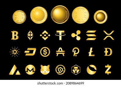 Símbolo de moneda criptográfica de conjunto de iconos con moneda de oro