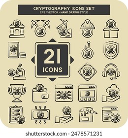 Icon Set Cryptography. related to Bitcoin symbol. hand drawn style. simple design illustration