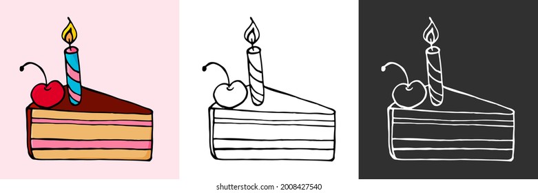 Icon set. Cupcake, cake icons in hand draw style. Sweet pastries, cute multicolored set. Cake with a candle. Icon, sticker, pin