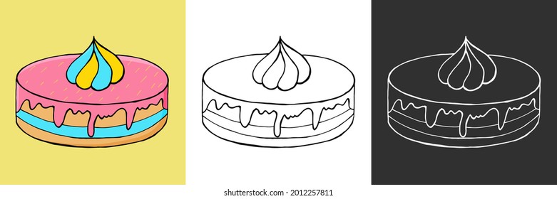 Icon set. Cupcake, cake icons in hand draw style. Sweet pastries, cute multicolored set. Marshmallow cake. Icon, sticker, pin