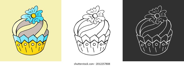 Icon set. Cupcake, muffin icons in hand draw style. Sweet pastries, cute multicolored set. Muffin with a flower. Icon