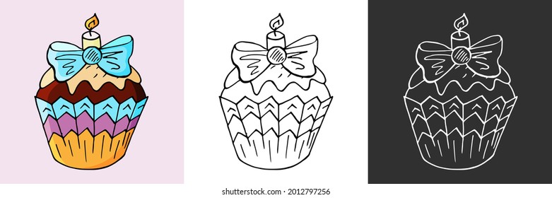 Icon set. Cupcake, muffin icons in hand draw style. Sweet pastries, cute multicolored set. Muffin with a bow. Icon, sticker
