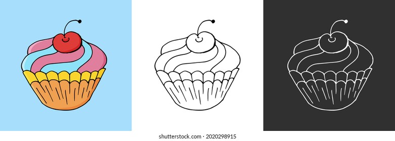 Conjunto de iconos. Pastel, íconos de muffin con estilo de dibujar a mano. Pasteles dulces, un bonito conjunto multicolor. Muffin con cerezas. Icono, pegatina, alfiler