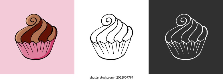 Icon set. Cupcake, muffin icons in hand draw style. Sweet pastries, cute multicolored set. Muffin. Icon, sticker