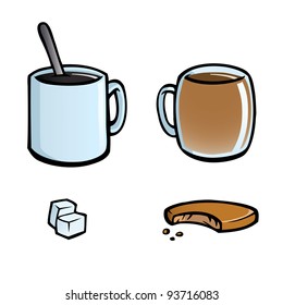 Icon set with cups of coffee and tea, sugar cubes and cookie.
