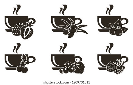 Icon set of cups with different berry teas. Strawberries, sea buckthorn, blueberries, cherries, raspberries and currants. Natural or flavored teas. Dark icons on white background.