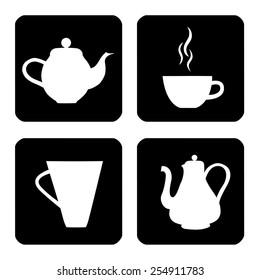 Icon set with cups and teapot with tea and coffee