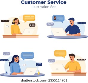 icon set for Customer service hotline operator concept consulting customer with headset on computer, call processing system illustration on white background