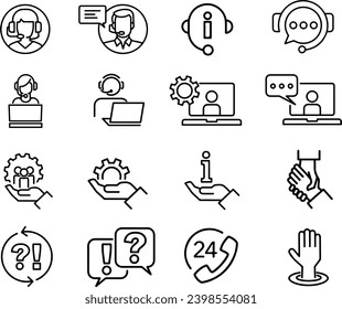Conjunto de iconos de la línea de asistencia al cliente, comentarios del cliente y satisfacción del cliente, ayuda. Iconos de línea delgada, ilustraciones vectoriales planas, diseño simple aislado en fondo blanco, transparente