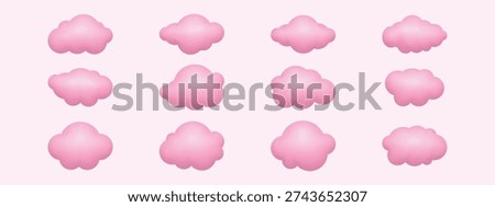 Icon set of cute 3d pink clouds. Fluffy cartoon clouds with soft pastel gradients isolated on light background