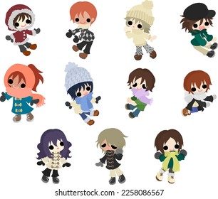 The icon set of cute children dressed in various winter fashions