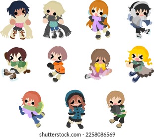 The icon set of cute children dressed in various winter fashions