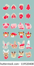 Icon set of cute christmas forest animals. Set of vector hand drawn forest animals in red christmas scarf. Bear, deer, rabbit, fox. Stickers.