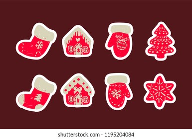 Icon set of cute christmas things. Set of vector hand drawn socks, house, gloves and tree