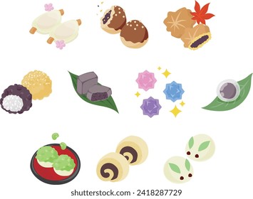 The icon set of cute and delicious traditional Japanese sweets such as petal mochi and chestnut manju and maple manju and ohagi and kintsuba and konpeito and mizumanju and zunda mochi and rabbit manju