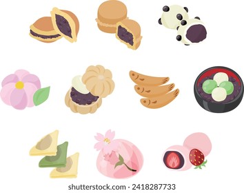 The icon set of cute and delicious traditional Japanese sweets such as dorayaki and Imagawayaki and bean daifuku and nightingale nerikiri and monaka and shiratama and yatsuhashi and sakura agar