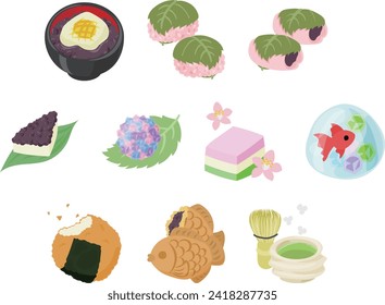 The icon set of cute and delicious traditional Japanese sweets such as mochi and zenzai and sakuramochi and minazuki and hydrangea and hishimochi and goldfish agar and rice cracker and taiyaki