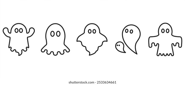 Conjunto de iconos de personajes fantasmas lindos con estilo delineado, icono de fantasma de estilo de dibujos animados. Icono de fantasma de Halloween, colección de Clipart de miedo de fiesta de octubre, fondo transparente de Ilustración vectorial fantasma.