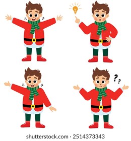 icon set of cute happy little boy wearing red Christmas costume