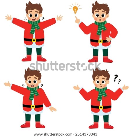 icon set of cute happy little boy wearing red Christmas costume