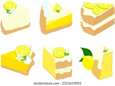 The icon set of cute and refreshing lemon sweets such as no-bake cheesecake and tart and shortcake and chiffon cake