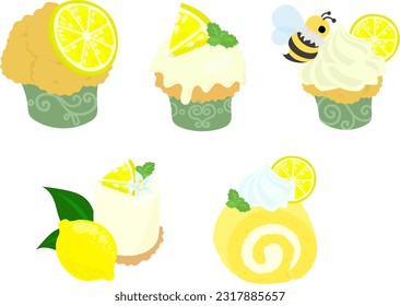 The icon set of cute and refreshing lemon sweets such as muffin and cupcake and rare cheesecake and roll cake